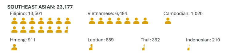 Total Southeast Asian students is 23,177. Filipino: 13,501. Vietnamese: 6,484. Cambodian: 1,020. Hmong: 911. Laotian: 689. Thai: 362. Indonesian: 210.